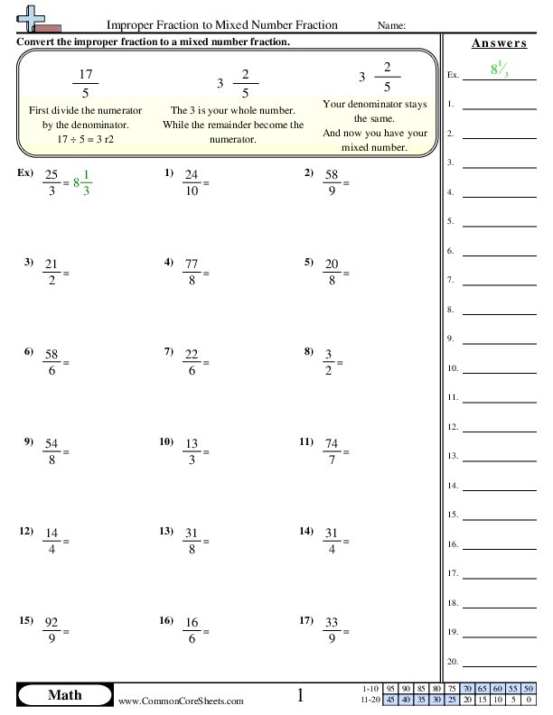 Improper to Mixed Number Worksheet - Improper to Mixed Number worksheet